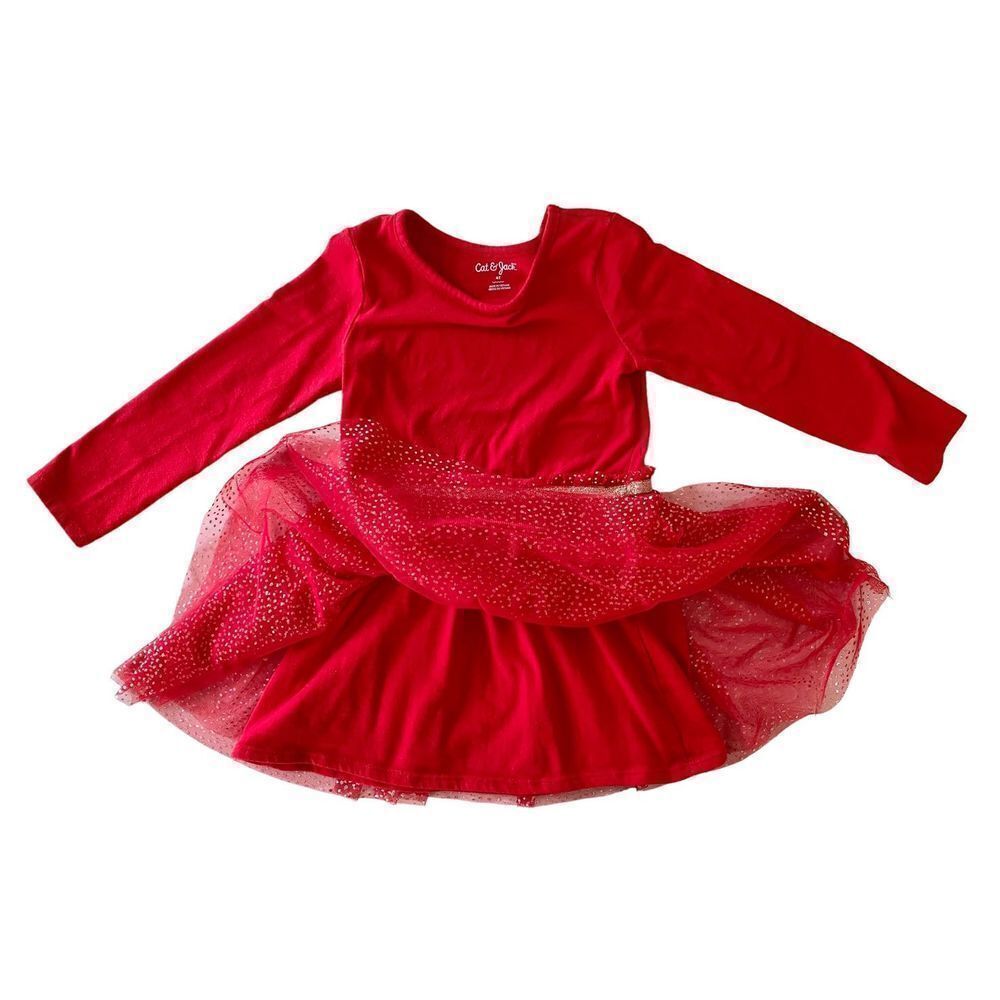 Girl’s Fancy Red Cotton T-shirt Dress with Gold Sparkle Tuile  Skirt. 4T Cat & J